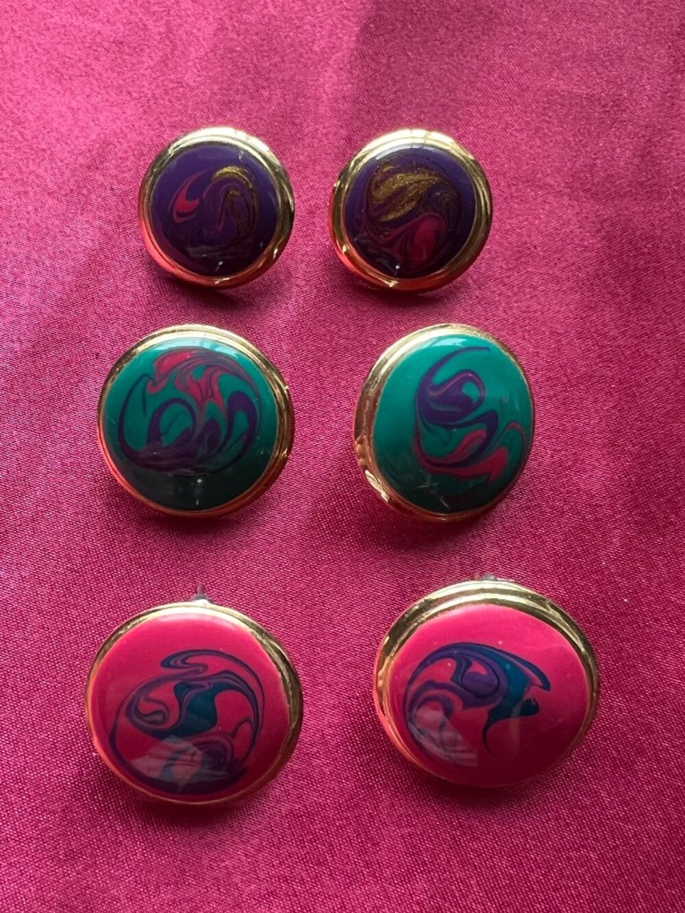 80s Round Multicolor Stud Earrings Butterfly Back - Set of 3